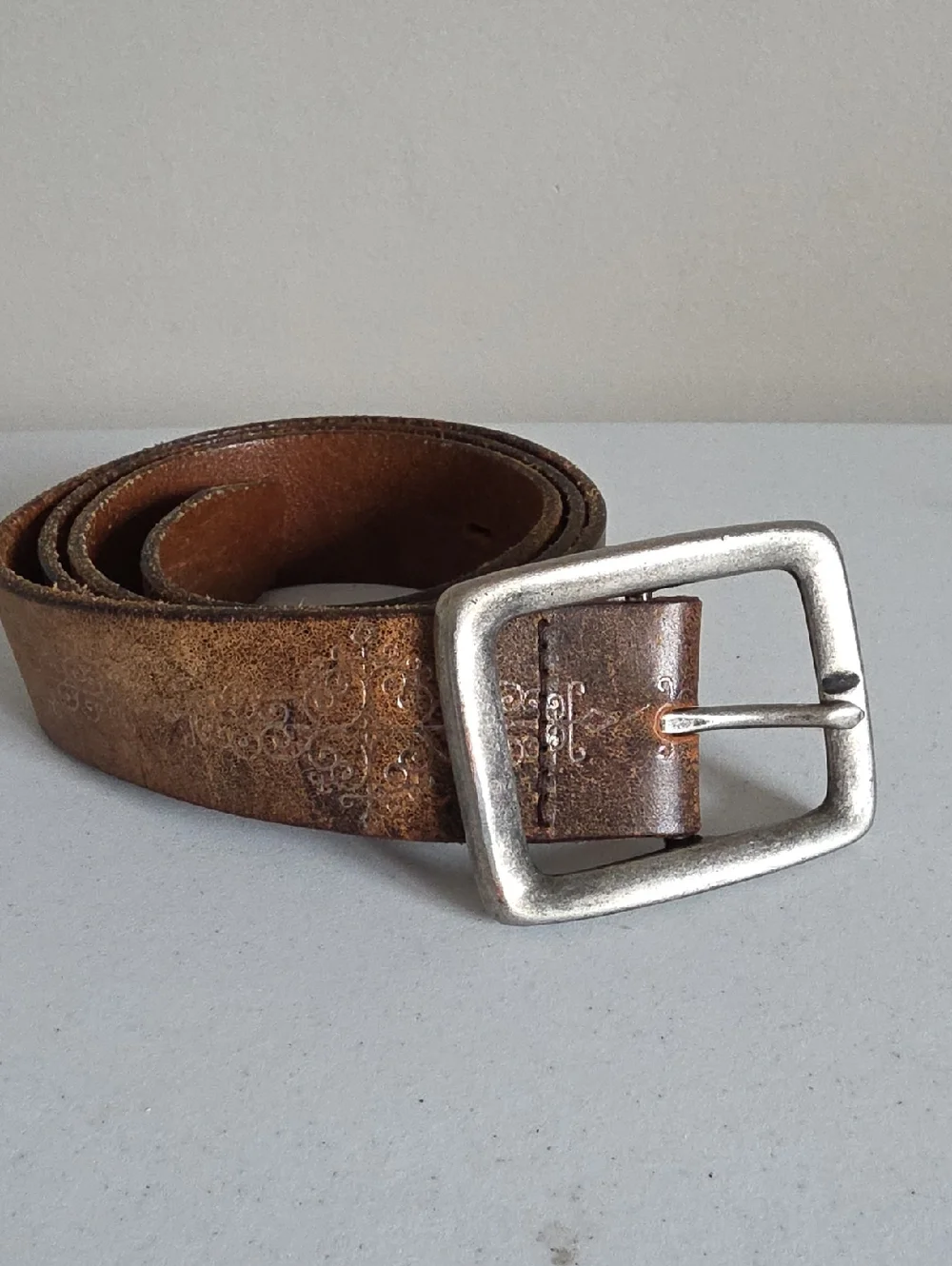 OLD NAVY | Embossed Leather Belt Brown Silver Sz L